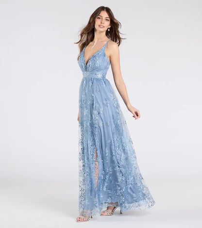 Special Occasion Sophisticated Graceful Elegant Light Blue Lace A-Line Sleeveless Floor-Length Prom Dress
