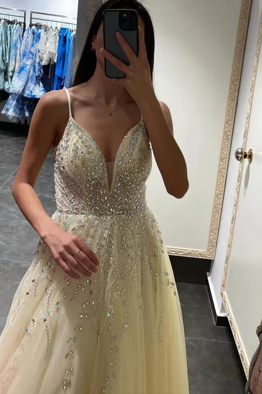Sparkling A Line Deep V-Neck Beaded Champagne Floor Length Prom Dress For Women Hot Sale