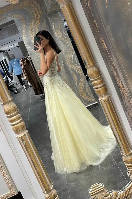 Sparkling A Line Deep V-Neck Beaded Champagne Floor Length Prom Dress For Women Hot Sale