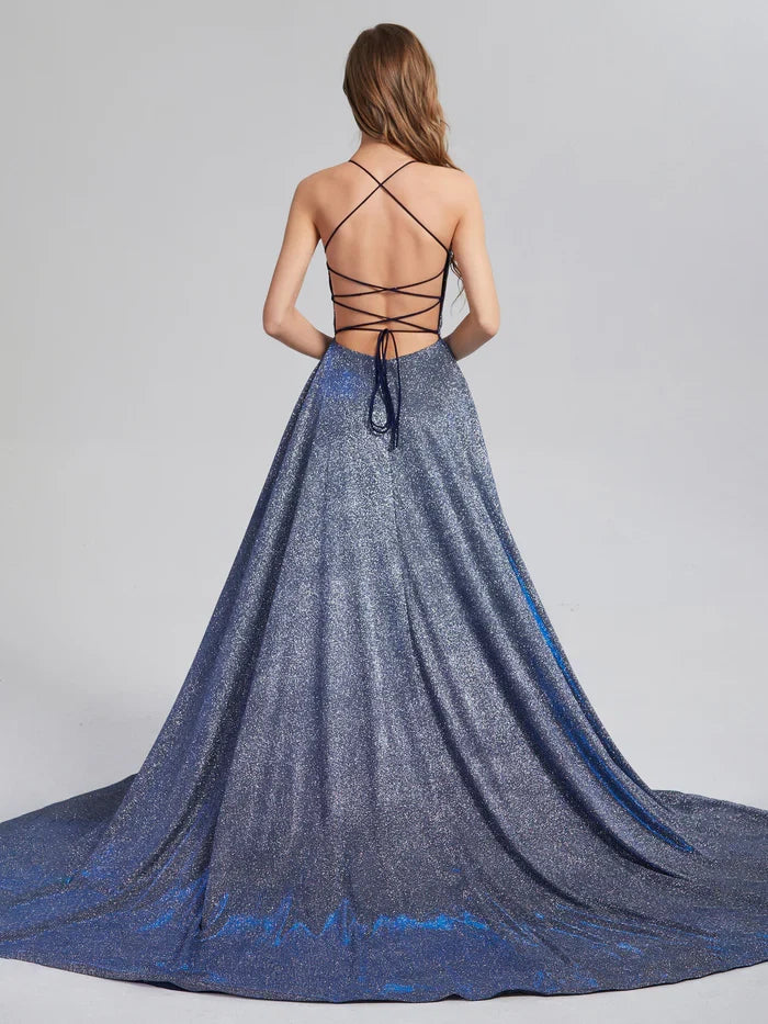 Sparkling Cross Back Prom Dresses With Attached Train