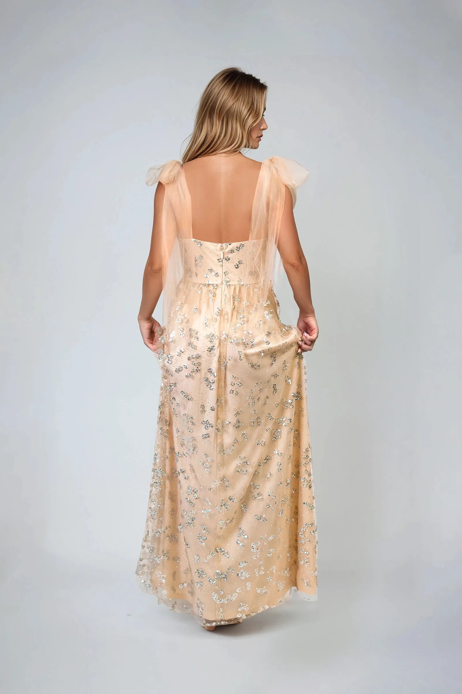 Sparkling Glitter A-Line Deep V-Neck Tie-Shoulder Sequin-Embellished High-Slit Prom Dresses