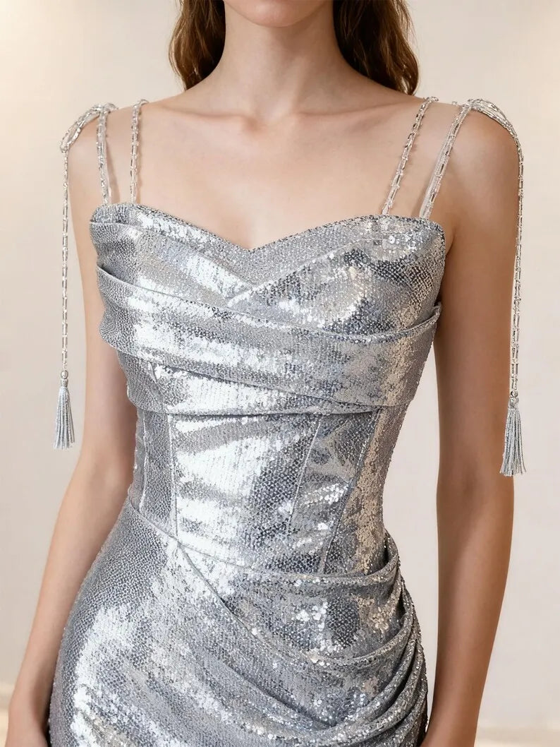 Sparkling Glitter Mermaid Cowl Neckline Sleeveless Lace-Up Floor-Length Prom Dress