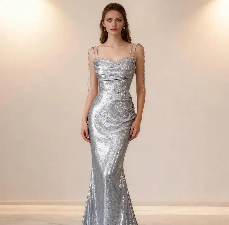 Sparkling Glitter Mermaid Cowl Neckline Sleeveless Lace-Up Floor-Length Prom Dress