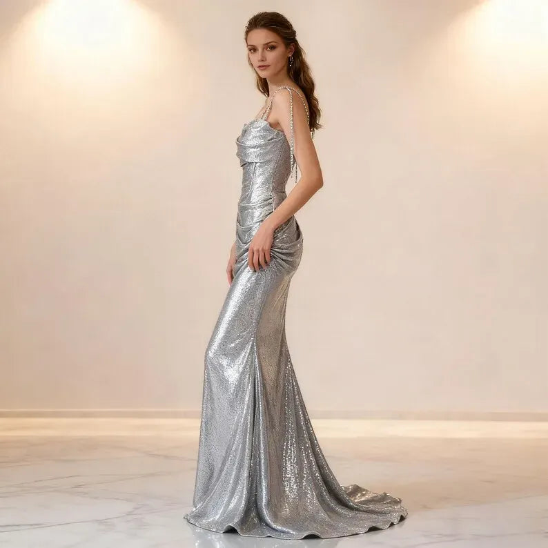 Sparkling Glitter Mermaid Cowl Neckline Sleeveless Lace-Up Floor-Length Prom Dress