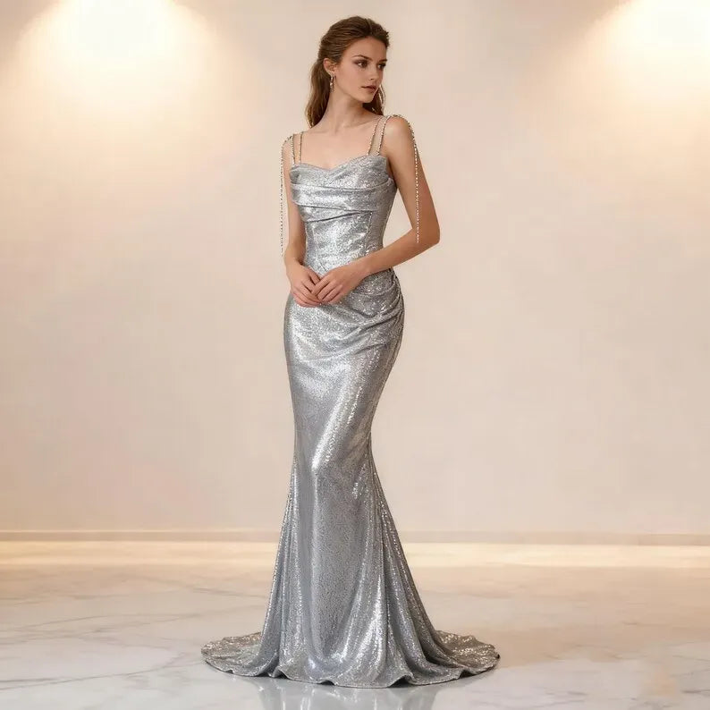 Sparkling Glitter Mermaid Cowl Neckline Sleeveless Lace-Up Floor-Length Prom Dress