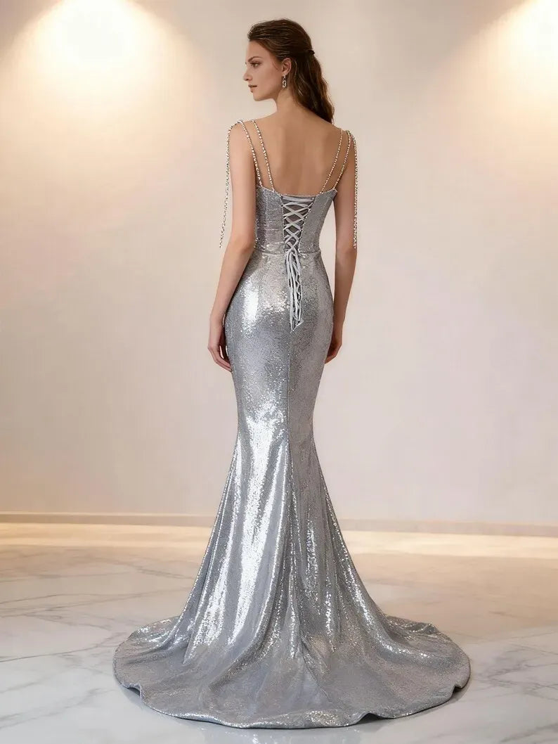 Sparkling Glitter Mermaid Cowl Neckline Sleeveless Lace-Up Floor-Length Prom Dress