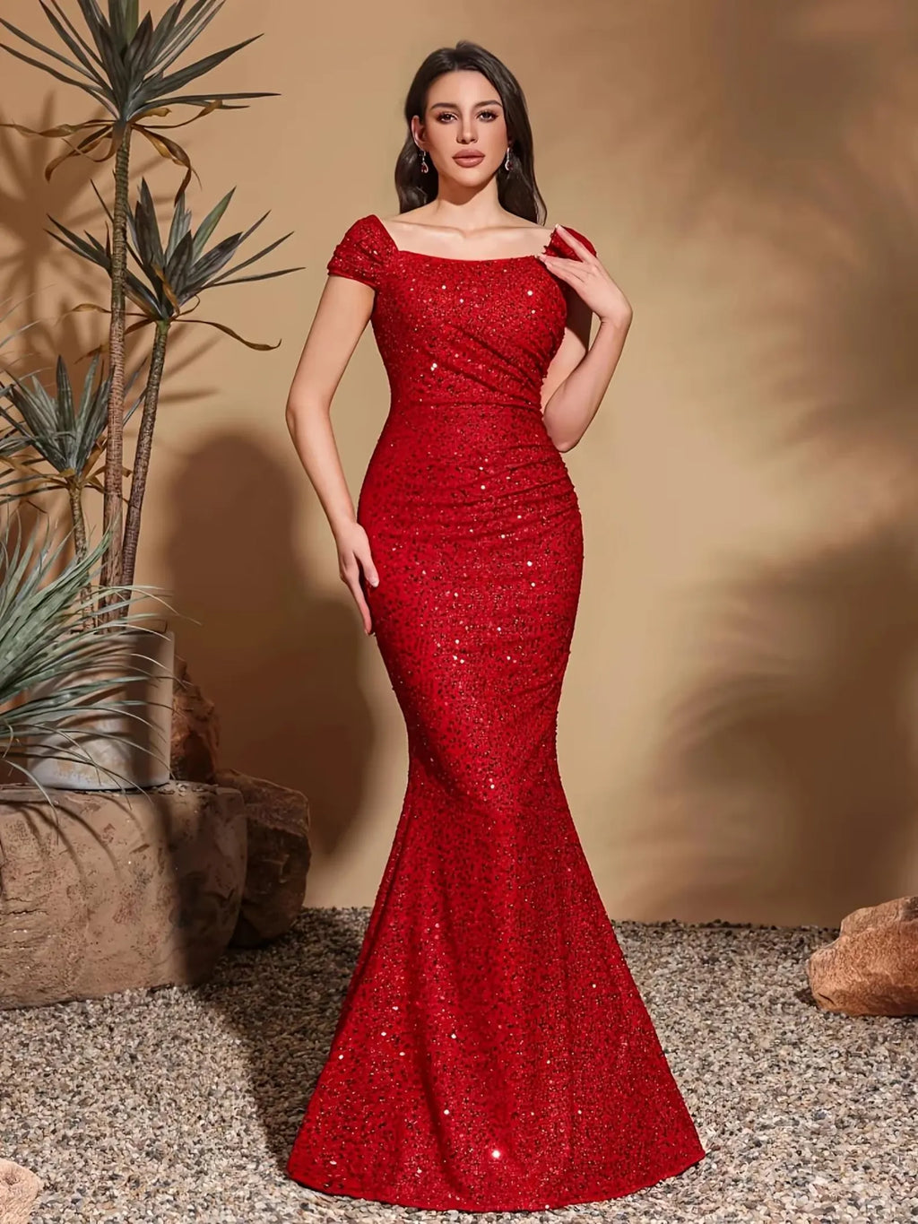 Red Sparkling Mermaid Off-Shoulder Ruched Floor-Length Evening Dress