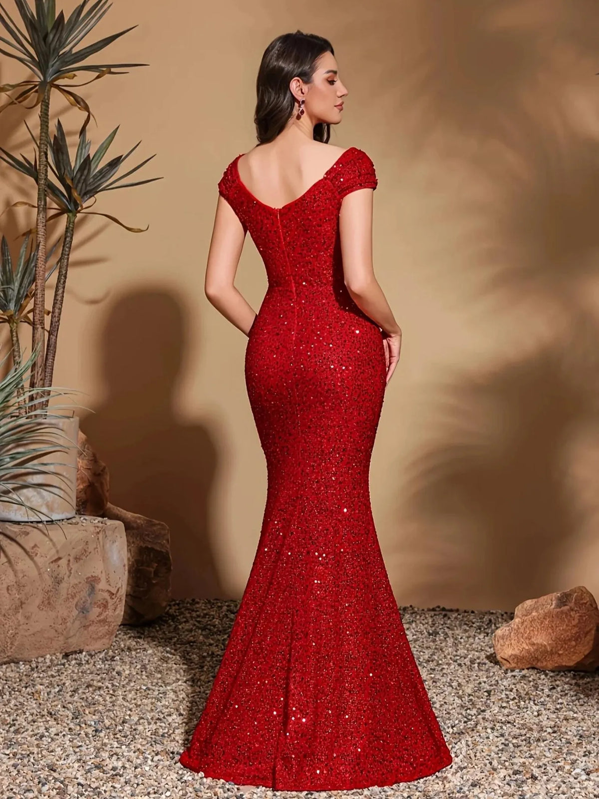 Red Sparkling Mermaid Off-Shoulder Ruched Floor-Length Evening Dress