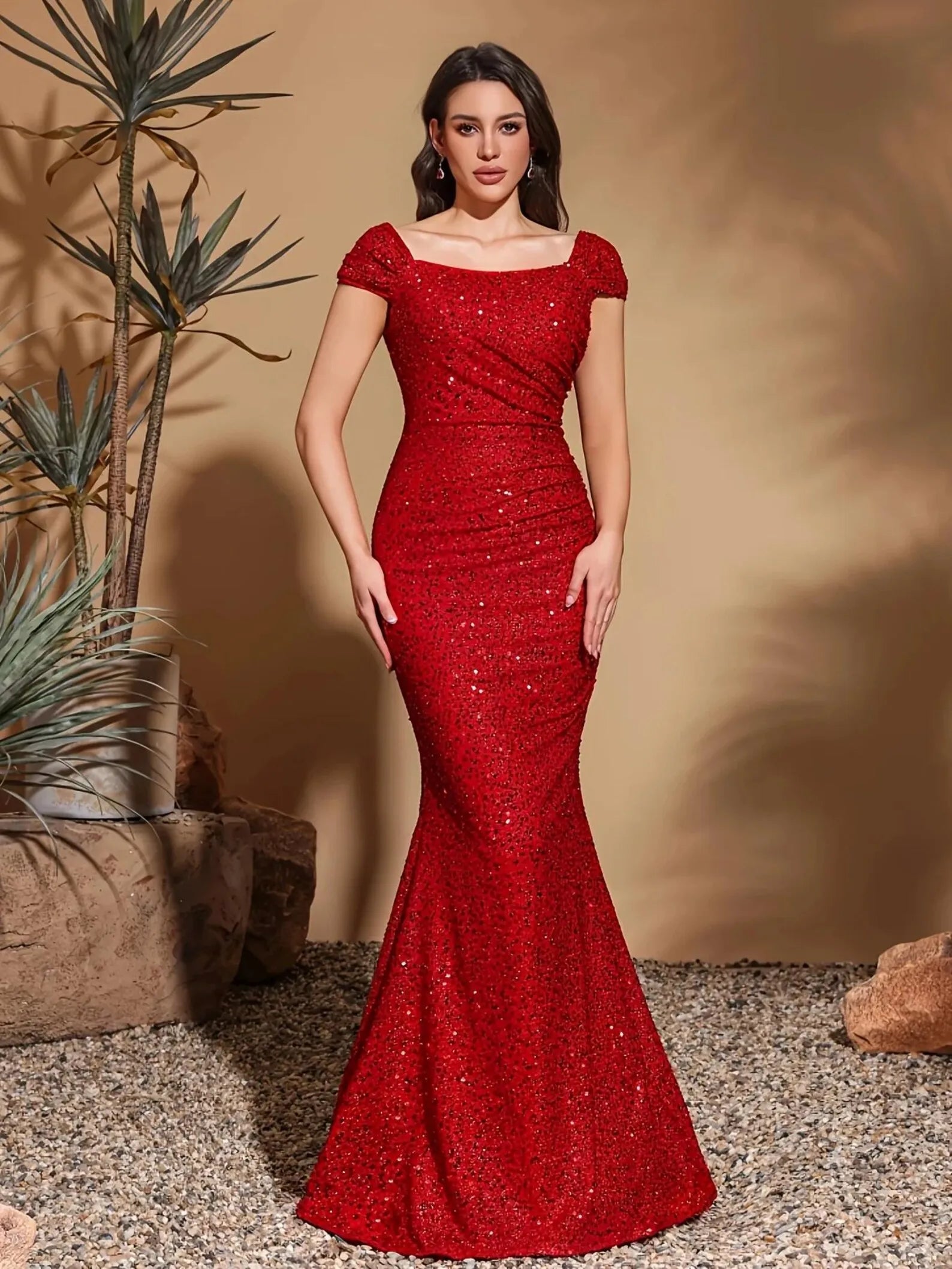 Red Sparkling Mermaid Off-Shoulder Ruched Floor-Length Evening Dress