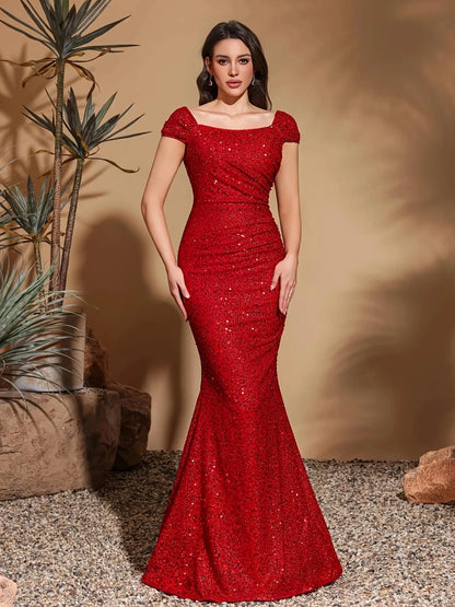 Elegant Red Sequin Mermaid Classic-Neck Classic-Sleeve Classic-Back Floor-Length Prom Dress