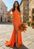 Orange Sparkling Mermaid Strapless Corset Floor Length Prom Dress With Rhinestones