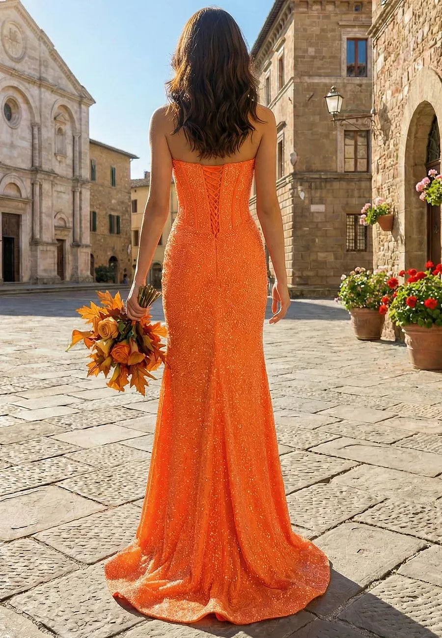 Orange Sparkling Mermaid Strapless Corset Floor Length Prom Dress With Rhinestones