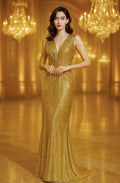 Gold Sparkling Mermaid V-Neck Sleeveless Pleated Floor Length Evening Dress