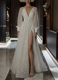 Sparkling Wedding Dress Deep V - Neck Sheer Lantern Sleeves High Side Slit