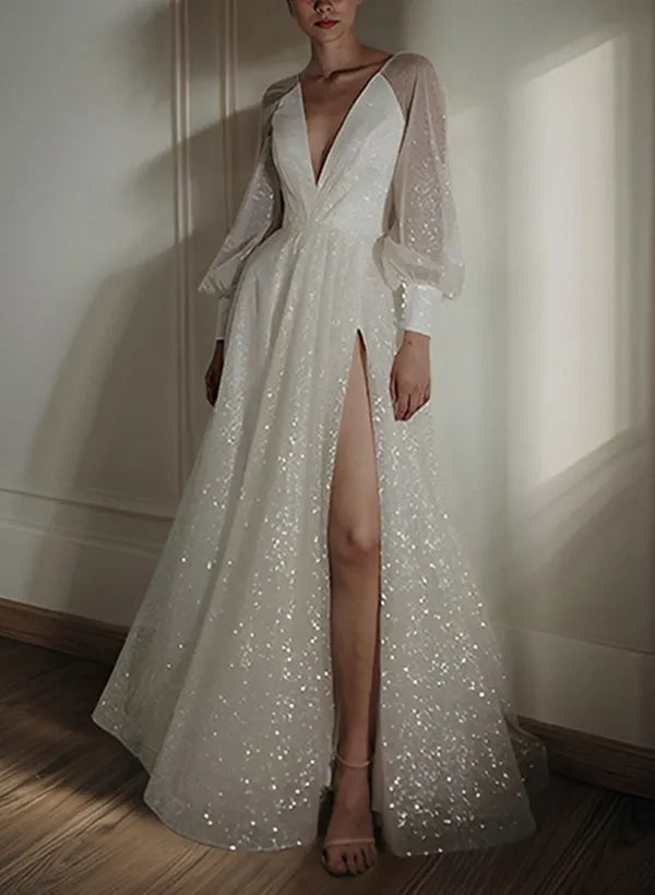 Sparkling Wedding Dress Deep V - Neck Sheer Lantern Sleeves High Side Slit