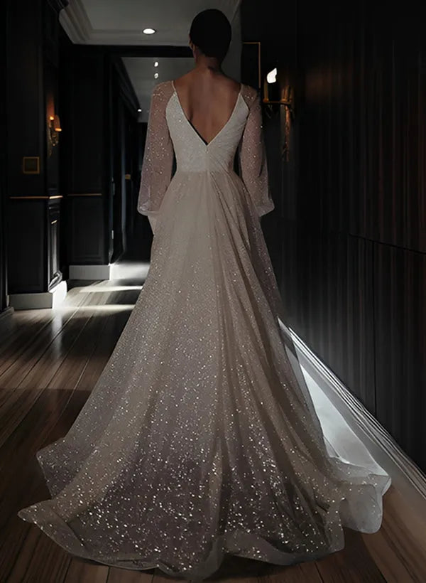 Sparkling Wedding Dress Deep V - Neck Sheer Lantern Sleeves High Side Slit