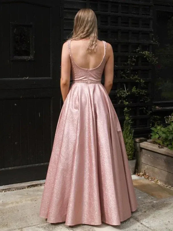 Sparkly A-line Square-neck Sleeveless Beaded Blush Floor-length Prom Dress
