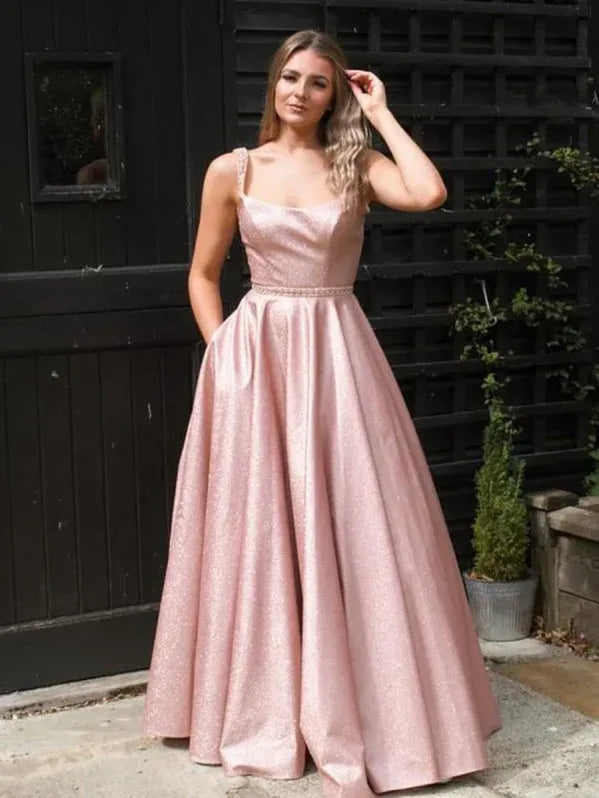 Sparkly A-line Square-neck Sleeveless Beaded Blush Floor-length Prom Dress