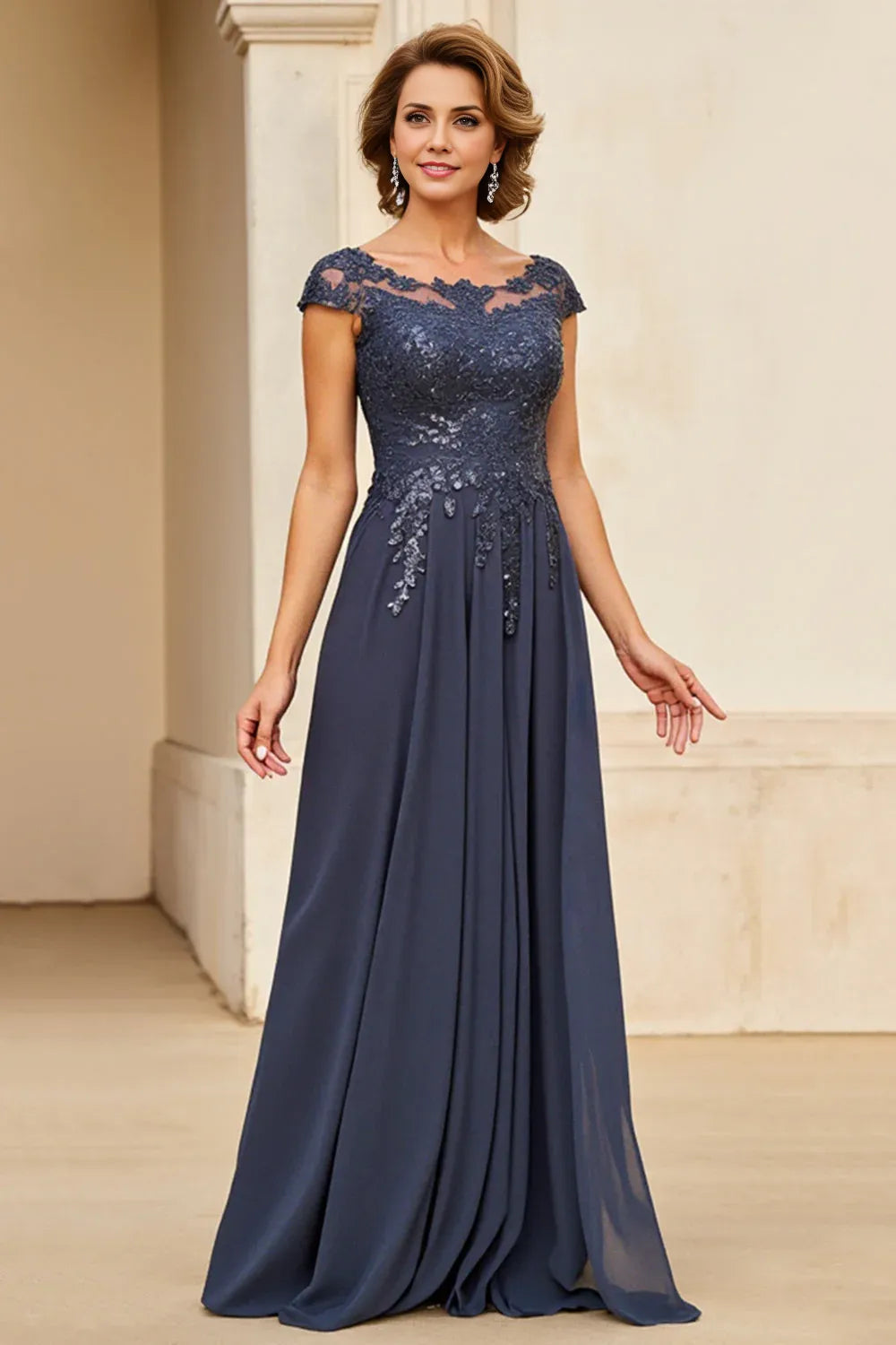 Graceful Elegant Navy Blue Chiffon Backless Floor-Length Mother of the Bride Dress