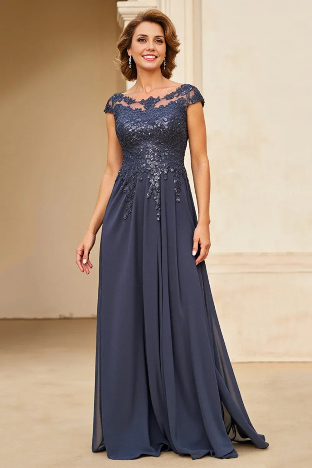 Graceful Elegant Navy Blue Chiffon Backless Floor-Length Mother of the Bride Dress