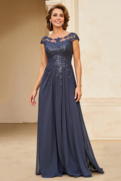 Graceful Elegant Navy Blue Chiffon Backless Floor-Length Mother of the Bride Dress