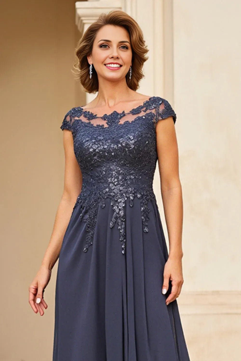 Graceful Elegant Navy Blue Chiffon Backless Floor-Length Mother of the Bride Dress