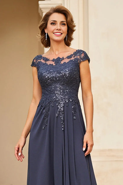 Graceful Elegant Navy Blue Chiffon Backless Floor-Length Mother of the Bride Dress