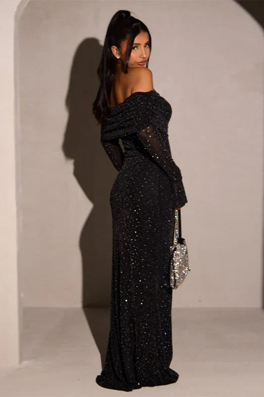 Black Sparkly Off - Shoulder Maxi Party Dress