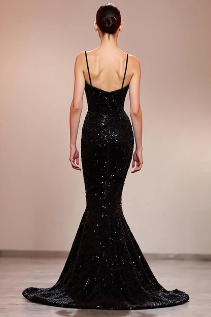 Elegant Black Sequin Mermaid Classic-Neck Classic-Sleeve Lace-Up-Back Floor-Length Evening Dress