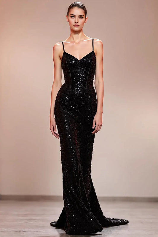 Elegant Black Sequin Mermaid Classic-Neck Classic-Sleeve Lace-Up-Back Floor-Length Evening Dress