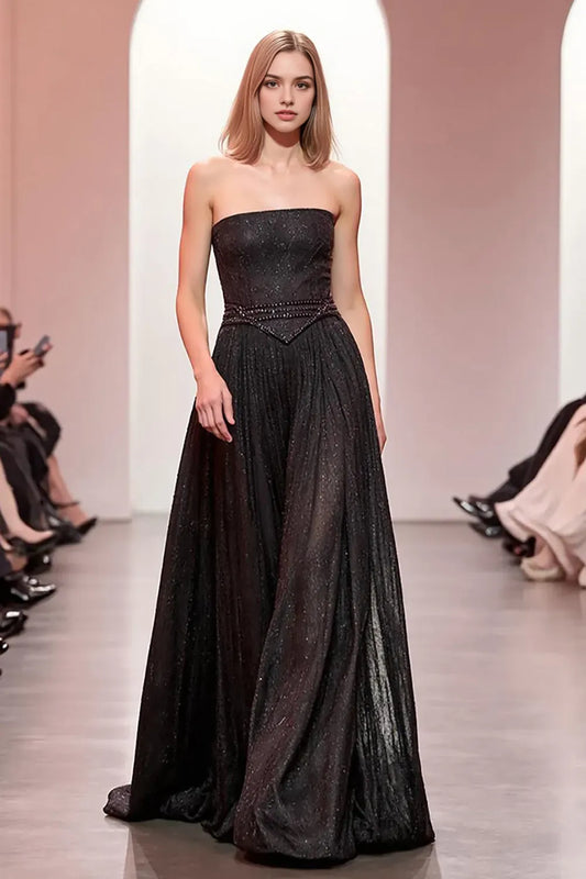Elegant Black A-Line Strapless Classic-Sleeve Classic-Back Floor-Length Evening Dress