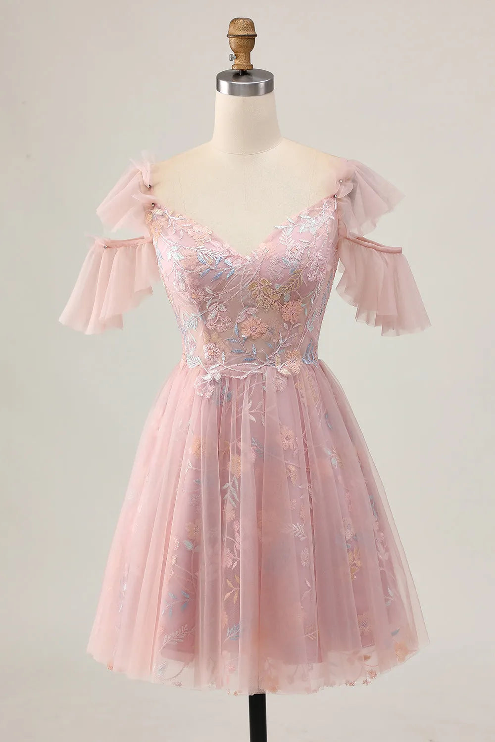 Sparkly Blush Floral Cold Shoulder Short Homecoming Dress with Ruffles