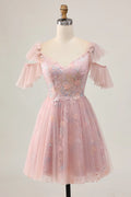 Sparkly Blush Floral Cold Shoulder Short Homecoming Dress with Ruffles