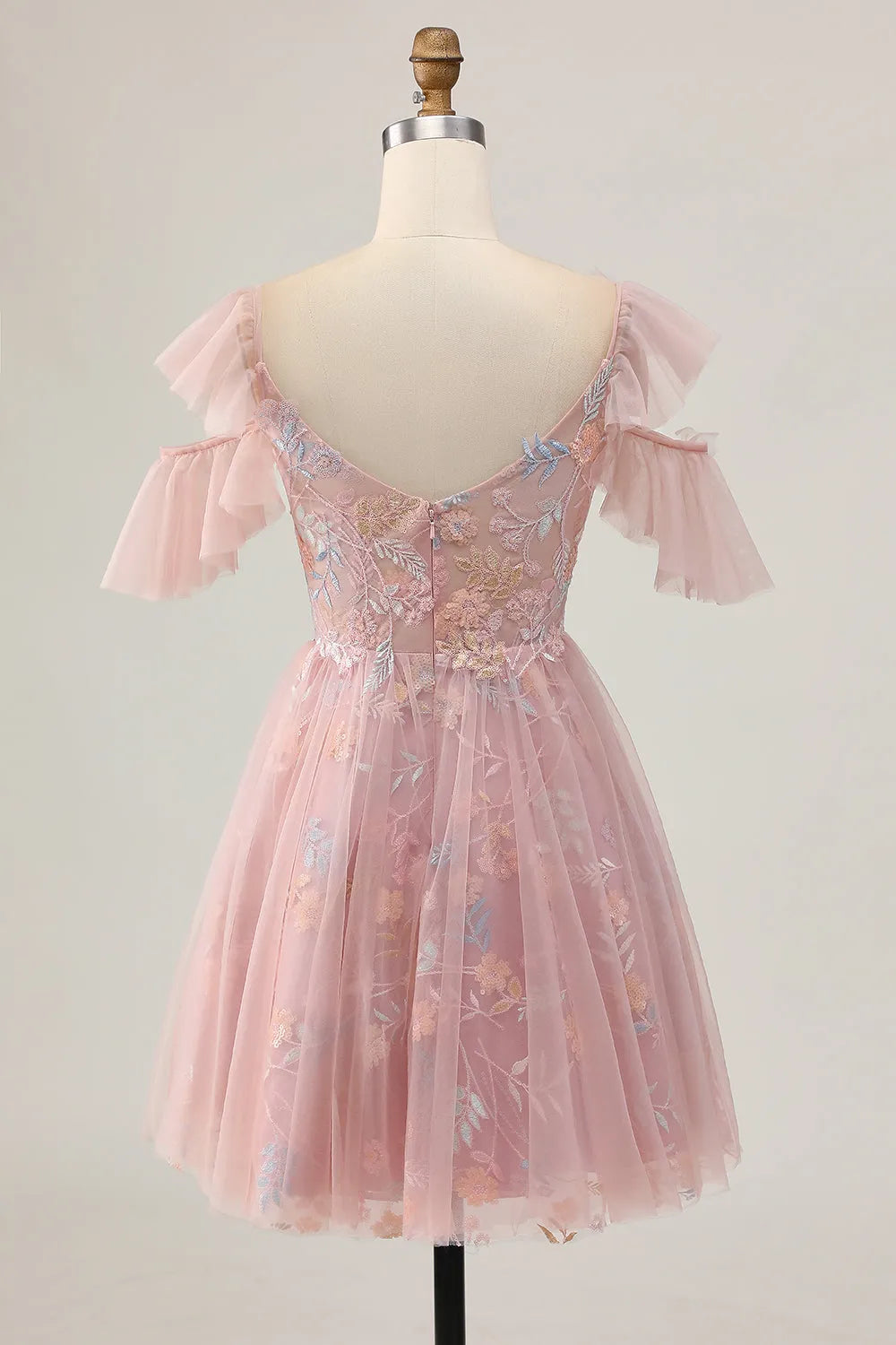 Sparkly Blush Floral Cold Shoulder Short Homecoming Dress with Ruffles