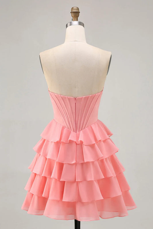 Elegant Red Ruffled A-Line Sweetheart Classic-Sleeve Lace-Up-Back Mini-Length Homecoming Dress