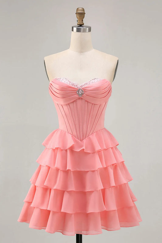 Elegant Red Ruffled A-Line Sweetheart Classic-Sleeve Lace-Up-Back Mini-Length Homecoming Dress