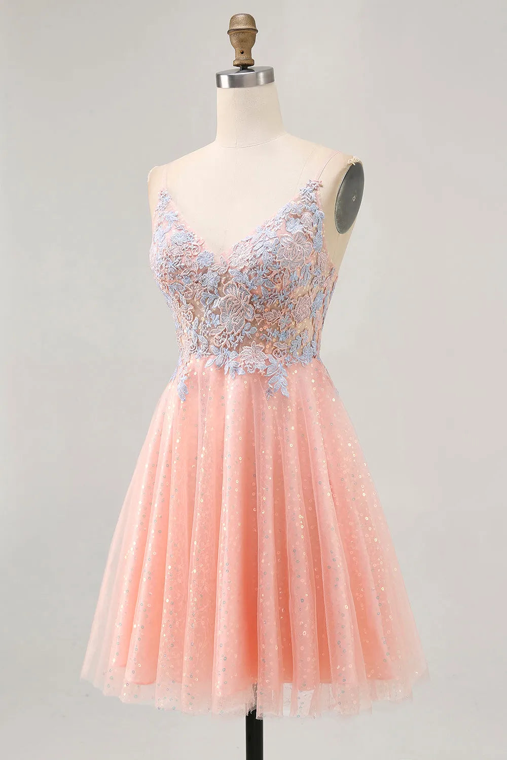 Blue Sparkly Blush and Short Homecoming Dress with Sequins