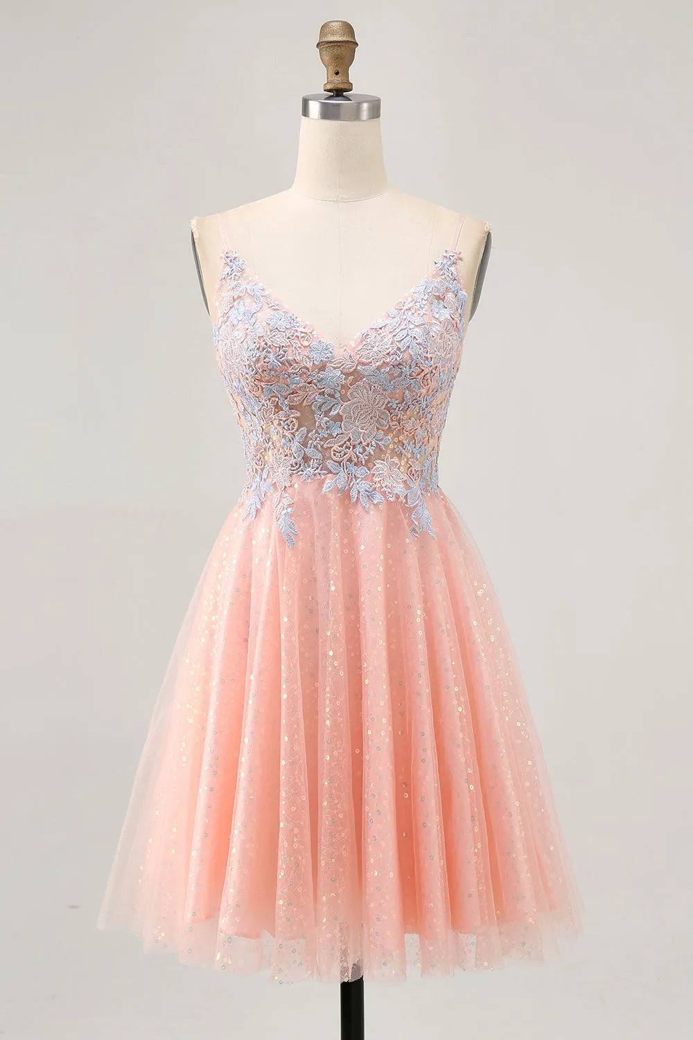Blue Sparkly Blush and Short Homecoming Dress with Sequins