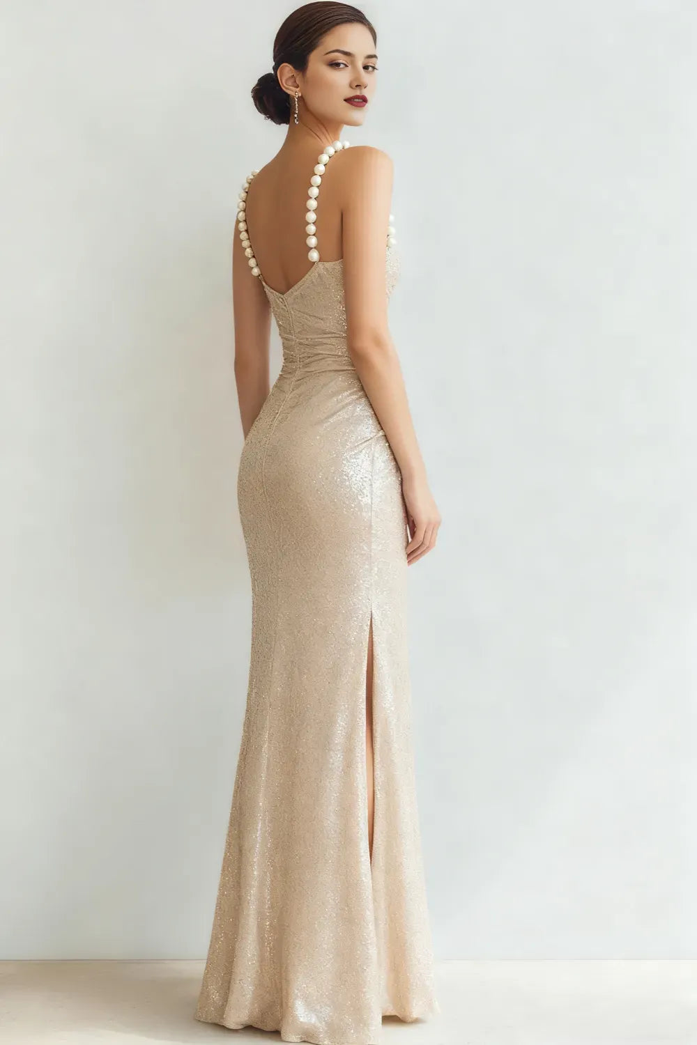 Champagne Sparkly Mermaid Sweetheart Pearl Strap Backless Floor-Length Ruched Slit Prom Dress