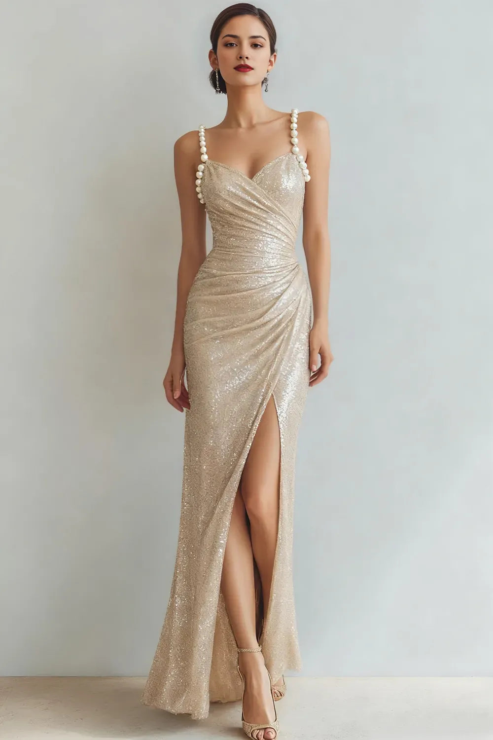 Champagne Sparkly Mermaid Sweetheart Pearl Strap Backless Floor-Length Ruched Slit Prom Dress
