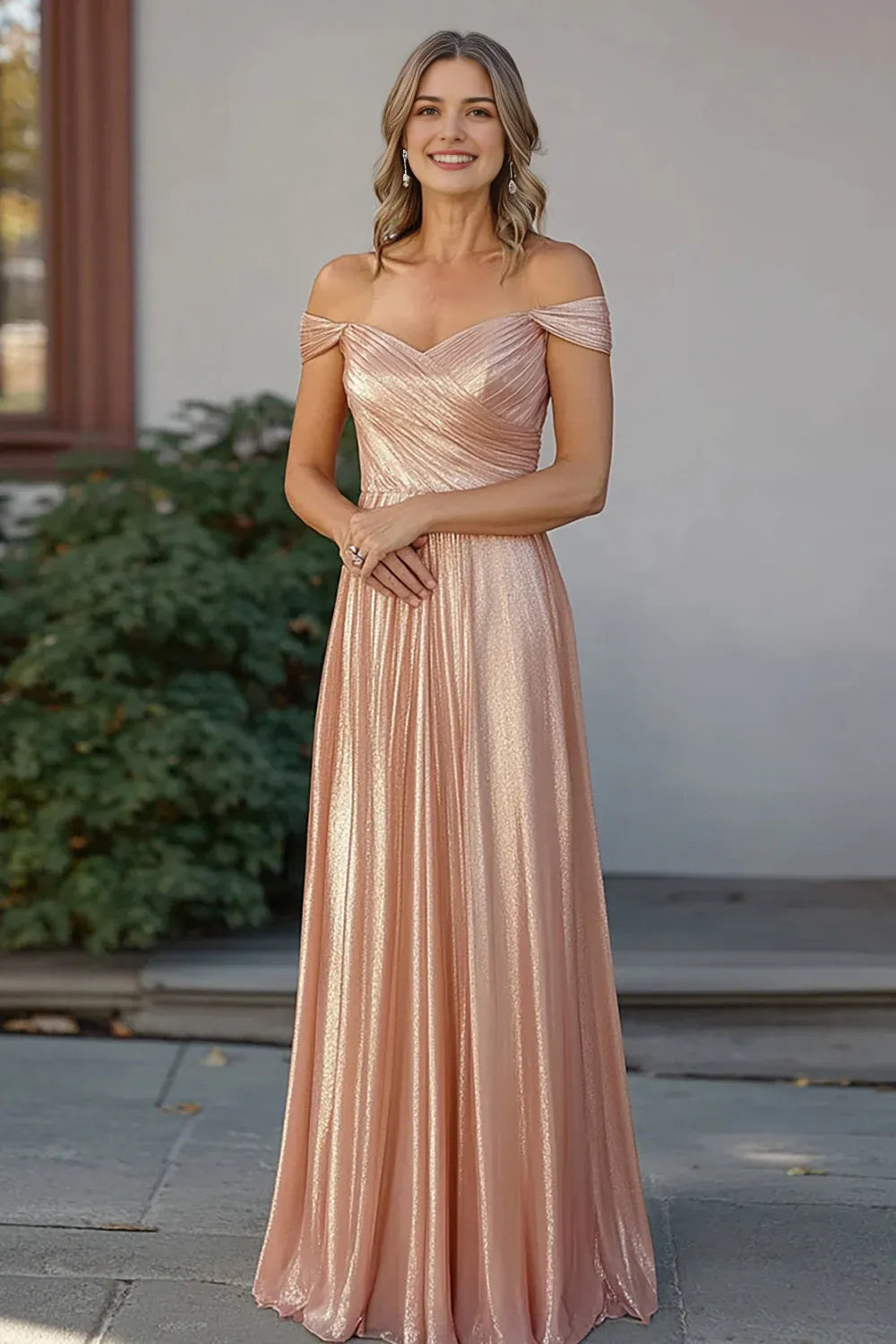 Champagne Sparkly Off the Shoulder Mother of the Bride Dress