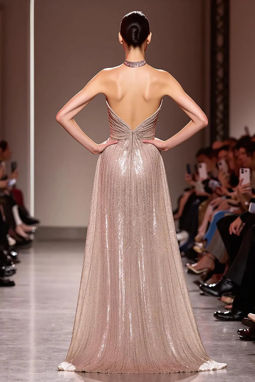 Champagne Sparkly Halter Backless Long Evening Dress