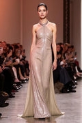 Champagne Sparkly Halter Backless Long Evening Dress