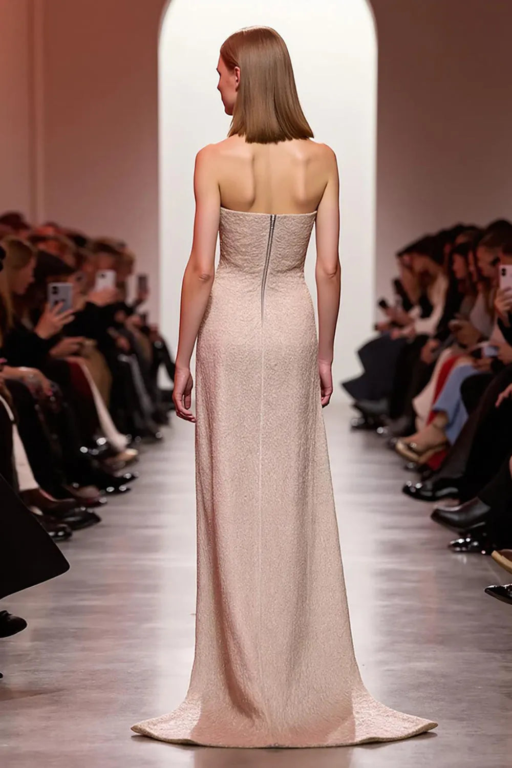 Champagne Sparkly Strapless Long Evening Dress with Slit
