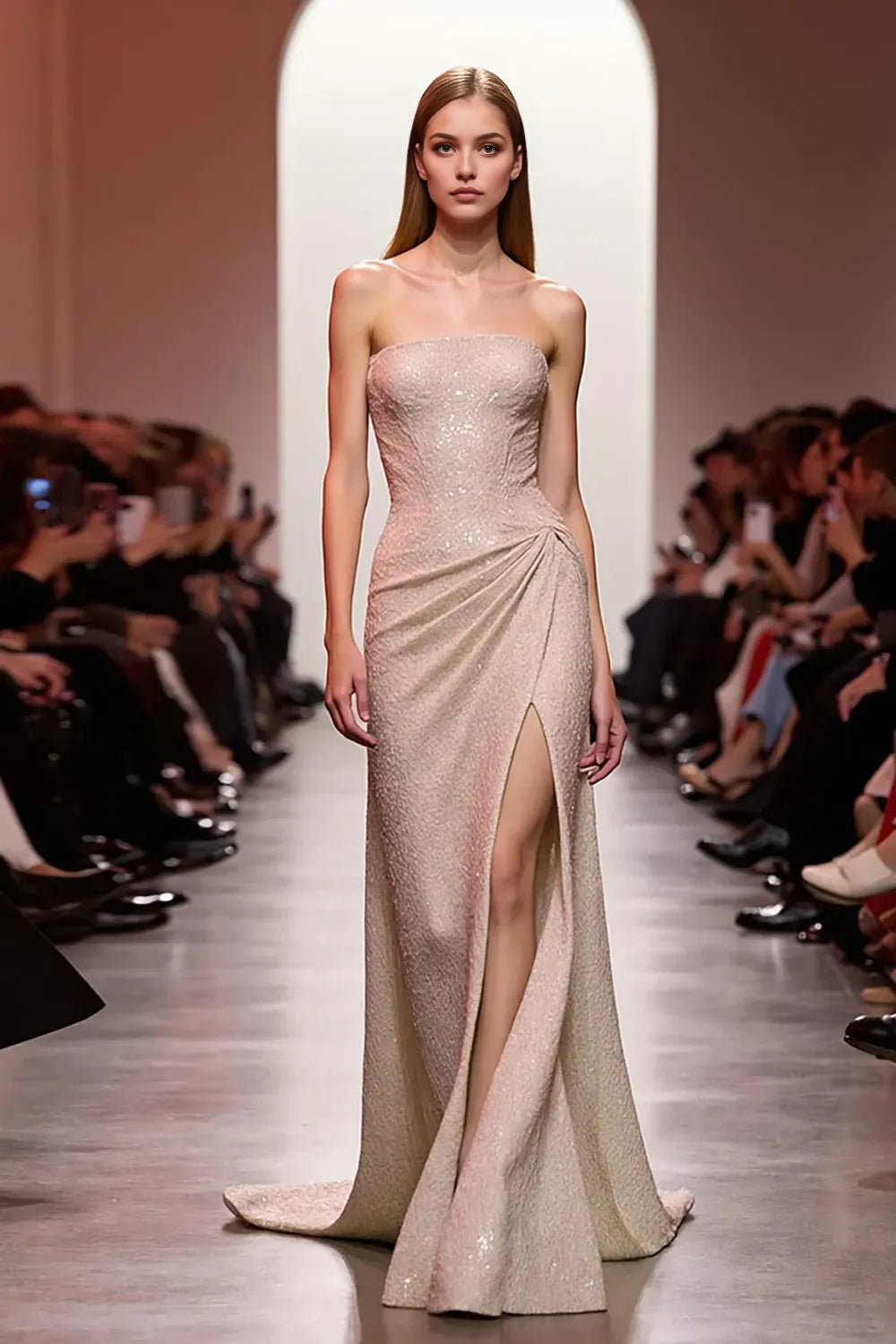 Champagne Sparkly Strapless Long Evening Dress with Slit