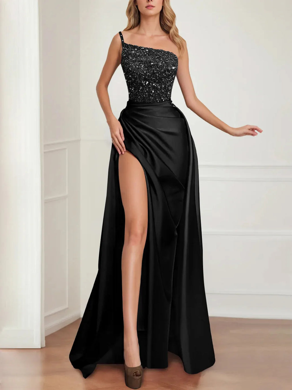 Sparkly Fuchsia Floor Length Evening Gown Prom Dresses with Split