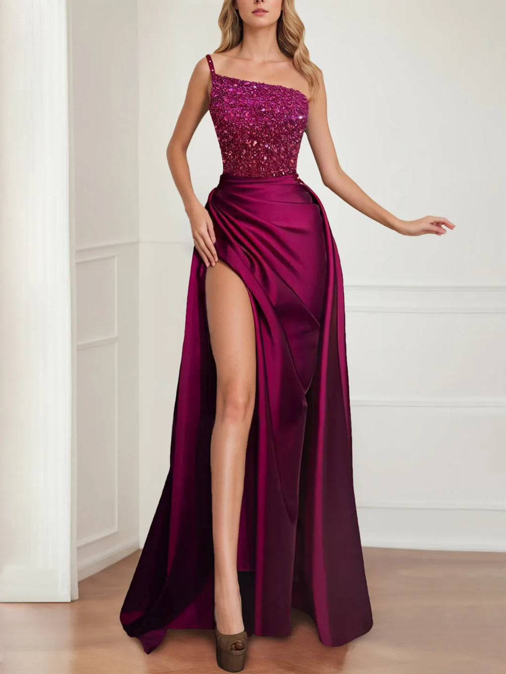 Sparkly Fuchsia Floor Length Evening Gown Prom Dresses with Split