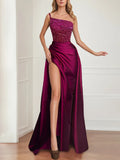Sparkly Fuchsia Floor Length Evening Gown Prom Dresses with Split