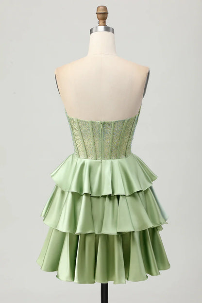 Elegant Green Lace A-Line Strapless Classic-Sleeve Lace-Up-Back Mini-Length Homecoming Dress