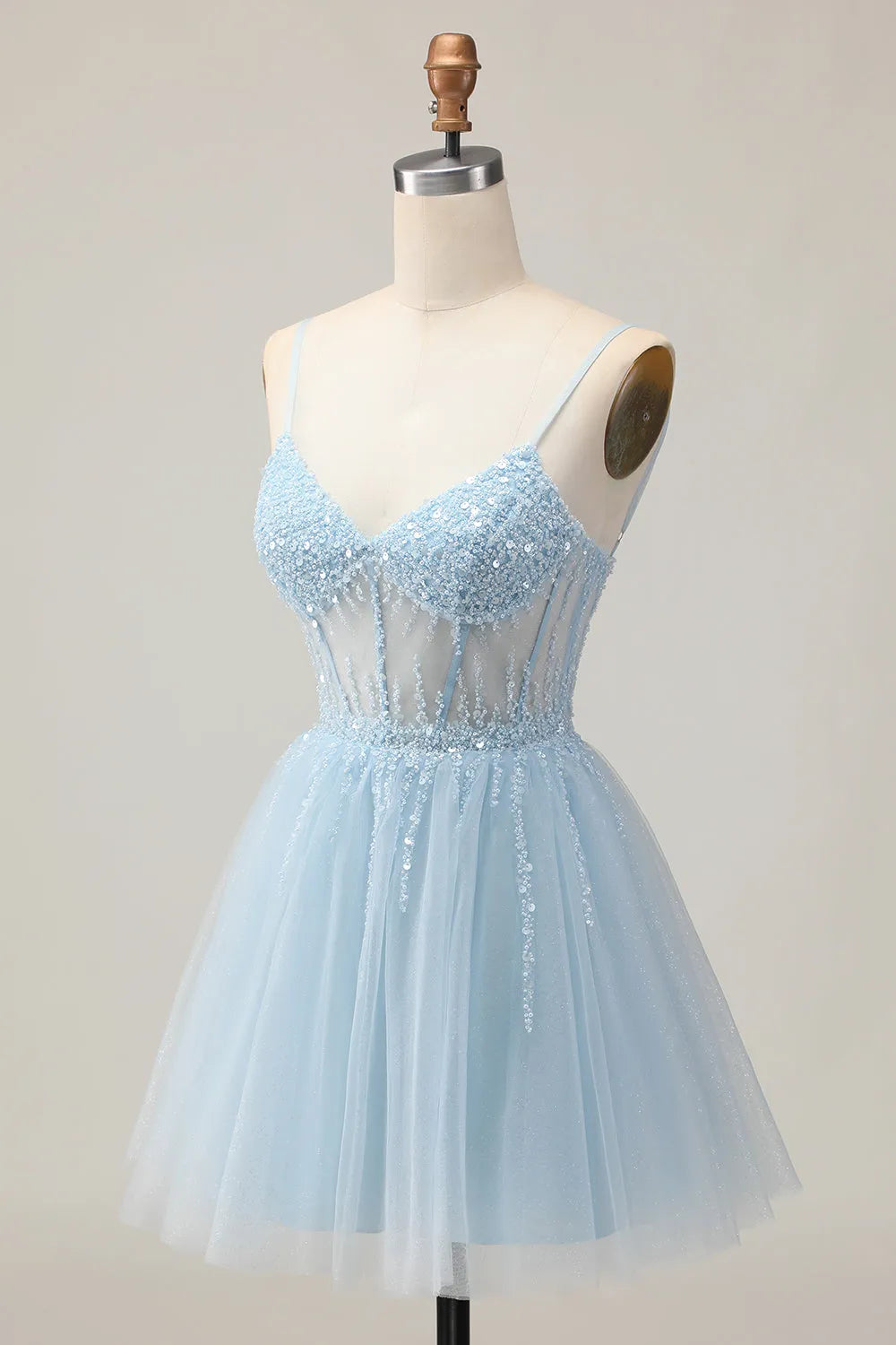 Light Blue Sparkly Light Corset A Line Short Homecoming Dress with Beading